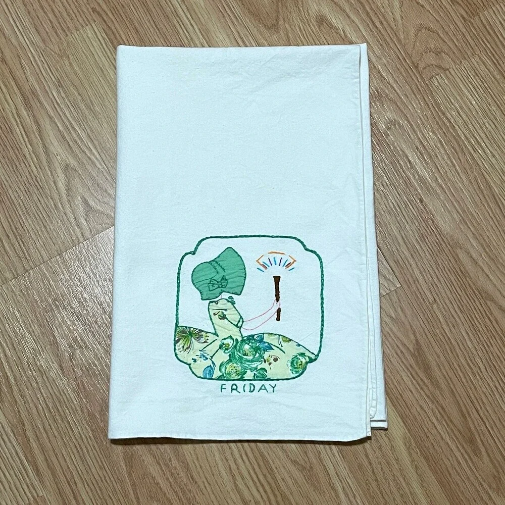 Vintage Flour Sack Embroidered Friday Green Bonnet Girl Tablecloth 39x29